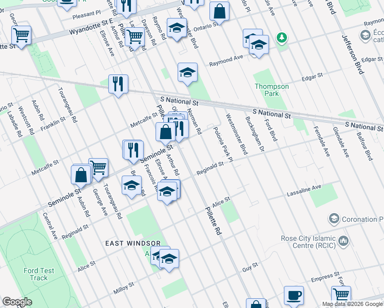 map of restaurants, bars, coffee shops, grocery stores, and more near 1543 Olive Road in Windsor