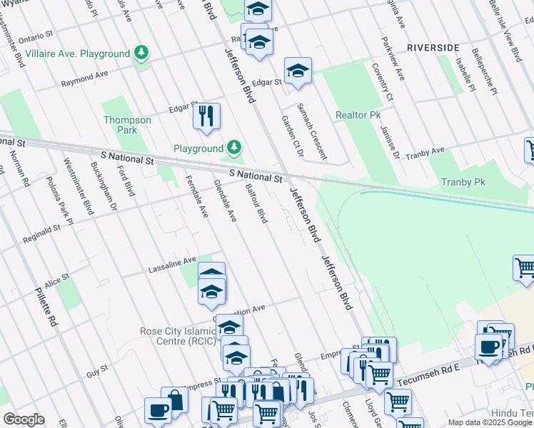 map of restaurants, bars, coffee shops, grocery stores, and more near 1692 Balfour Boulevard in Windsor