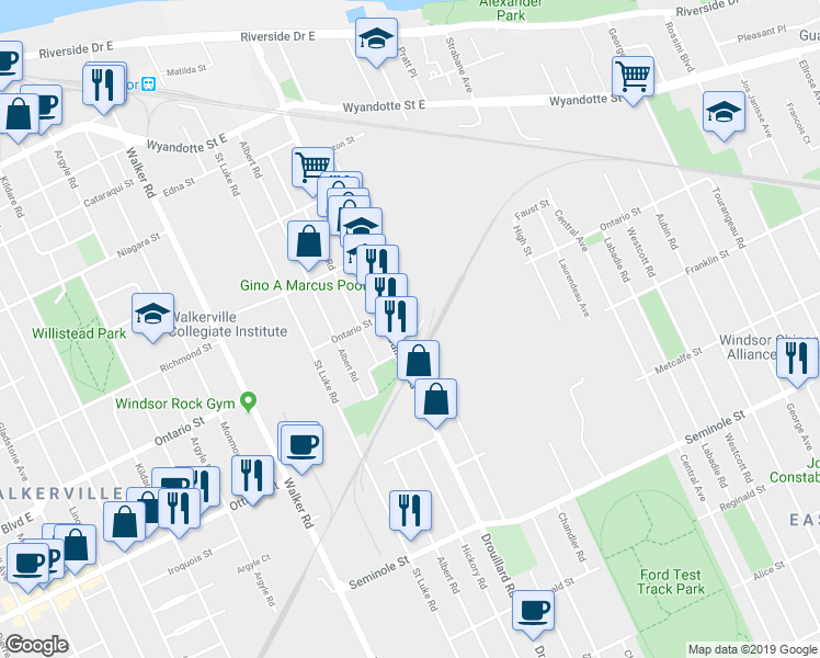 map of restaurants, bars, coffee shops, grocery stores, and more near 1227 Henry Ford Centre Drive in Windsor