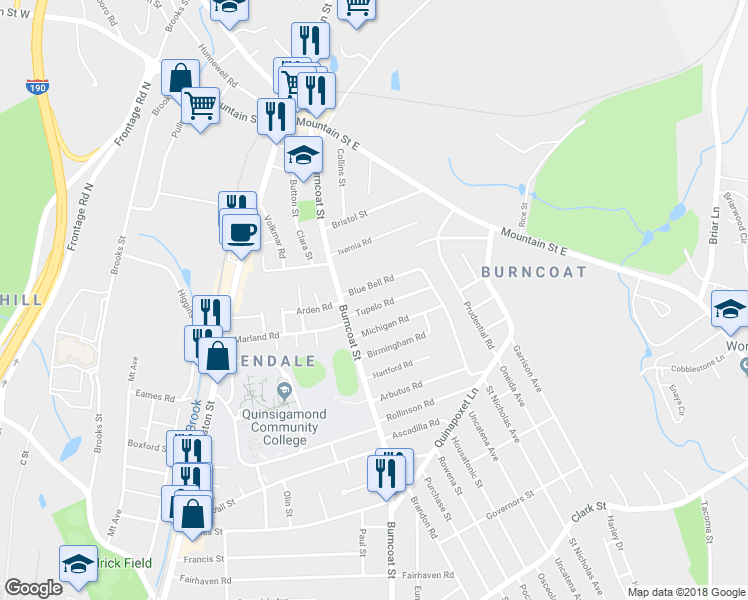 map of restaurants, bars, coffee shops, grocery stores, and more near 12 Tupelo Road in Worcester