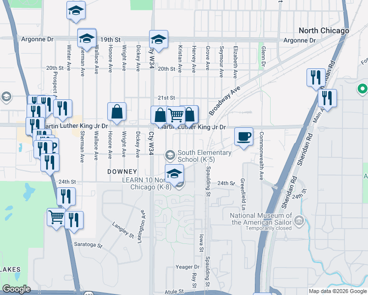map of restaurants, bars, coffee shops, grocery stores, and more near 2237 Kristan Avenue in North Chicago