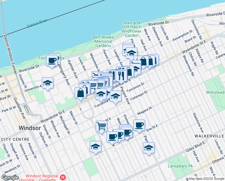 map of restaurants, bars, coffee shops, grocery stores, and more near 686 Marentette Avenue in Windsor