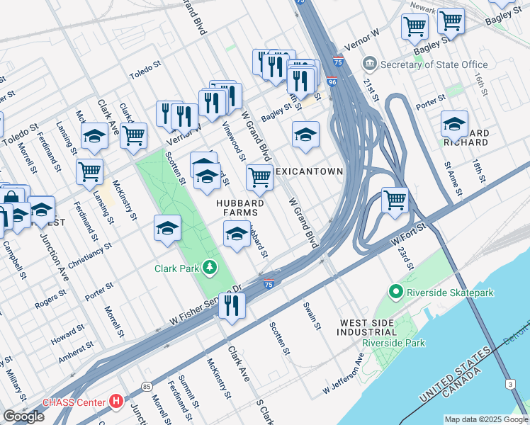 map of restaurants, bars, coffee shops, grocery stores, and more near 1145 Vinewood Street in Detroit