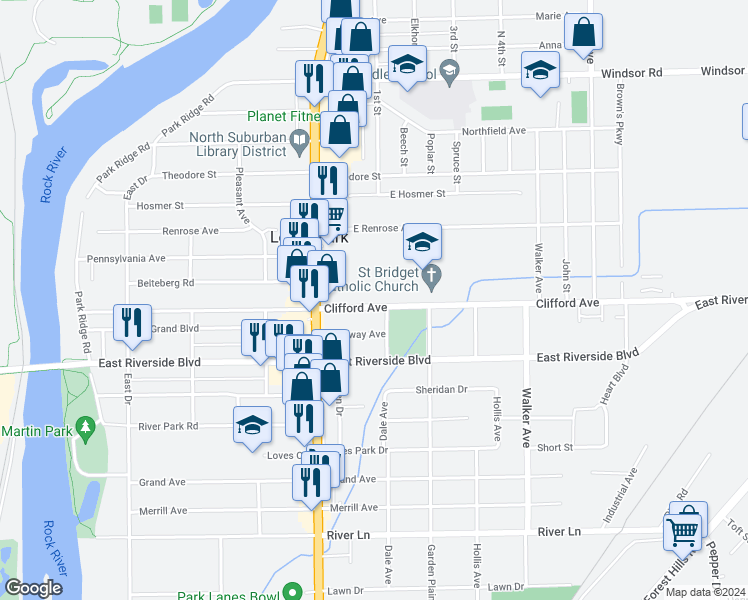 map of restaurants, bars, coffee shops, grocery stores, and more near 534 Clifford Avenue in Loves Park