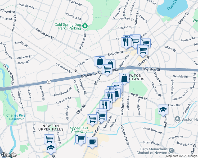 map of restaurants, bars, coffee shops, grocery stores, and more near 22 Elliot Street in Newton