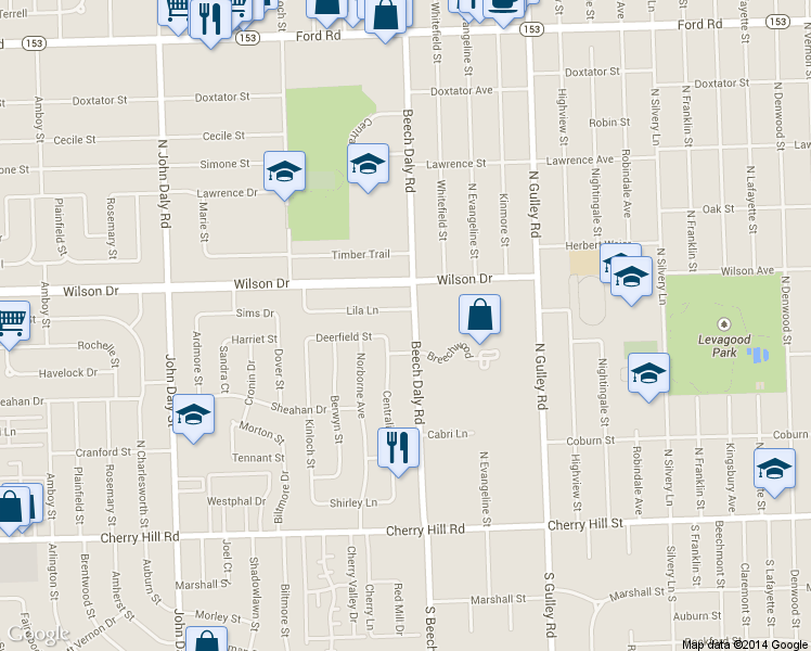 map of restaurants, bars, coffee shops, grocery stores, and more near 855 N Beech Daly Rd in Dearborn Heights