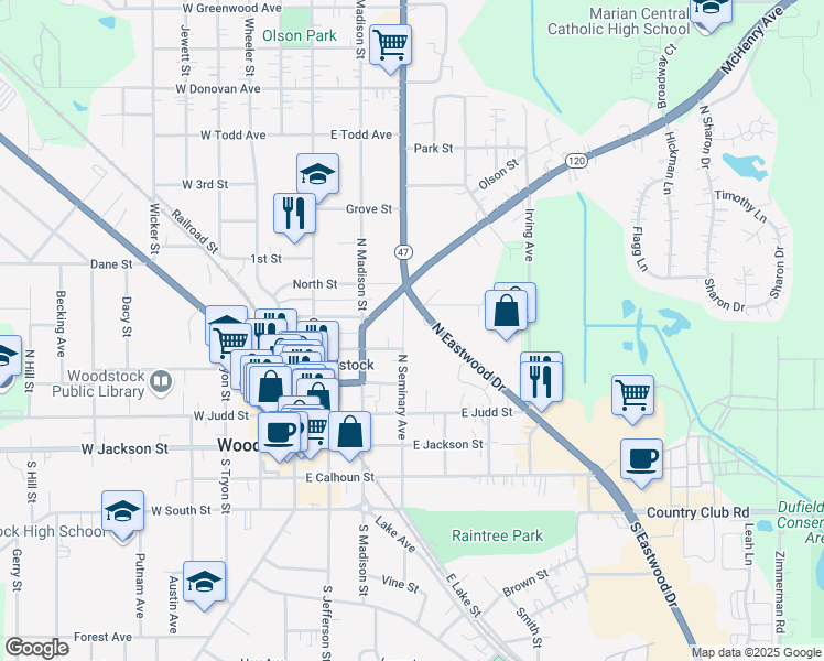 map of restaurants, bars, coffee shops, grocery stores, and more near 418 North Seminary Avenue in Woodstock