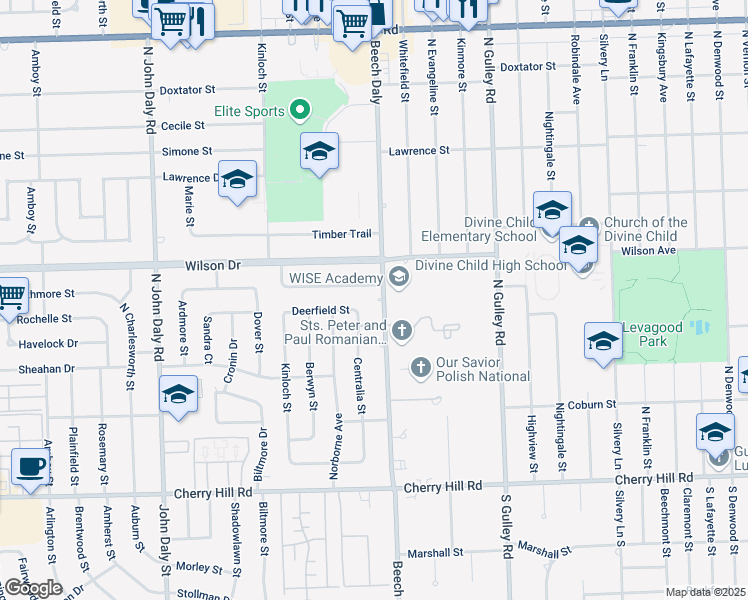 map of restaurants, bars, coffee shops, grocery stores, and more near 855 North Beech Daly Road in Dearborn Heights
