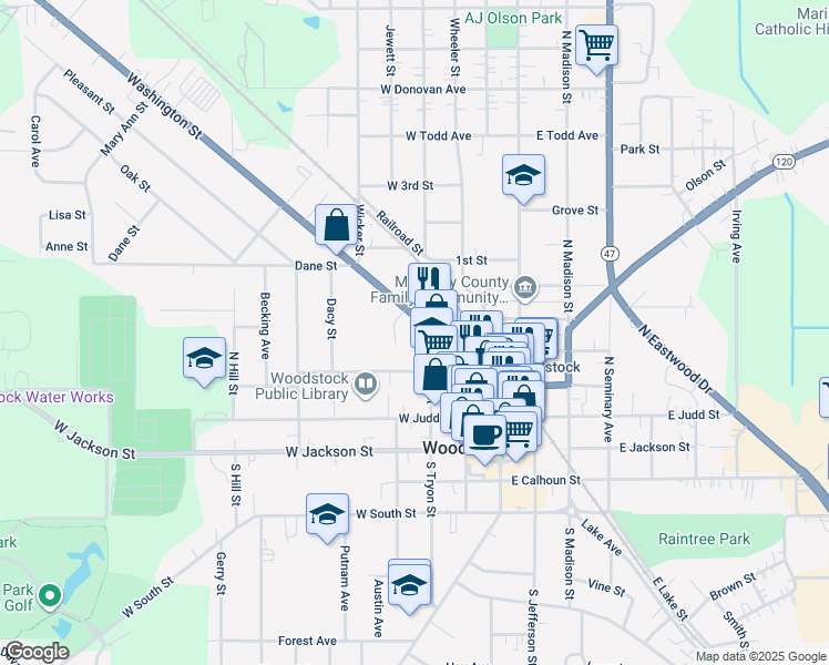 map of restaurants, bars, coffee shops, grocery stores, and more near 307 Washington Street in Woodstock