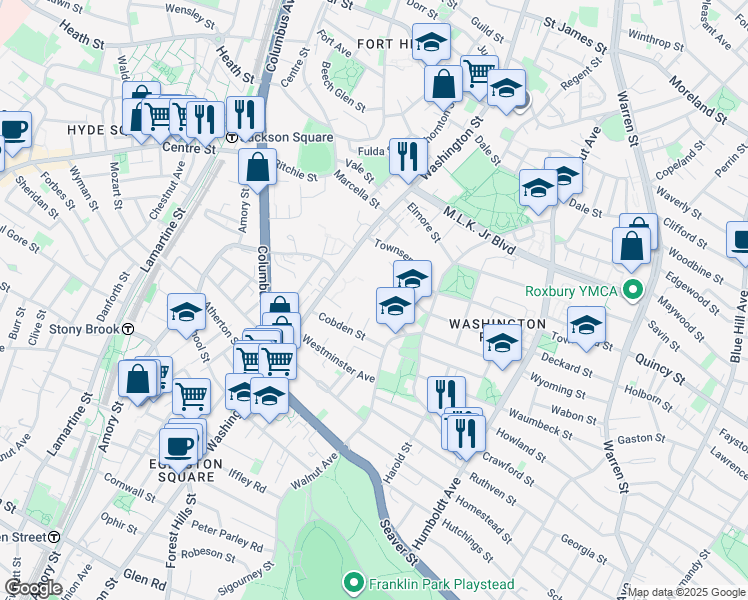 map of restaurants, bars, coffee shops, grocery stores, and more near 38 Dennison Street in Boston