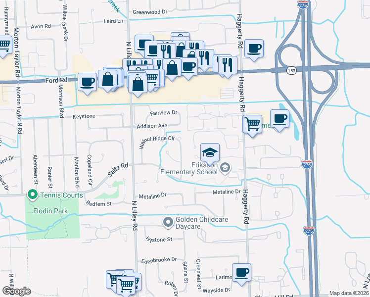 map of restaurants, bars, coffee shops, grocery stores, and more near 1719 Walnut Ridge Cir in Canton