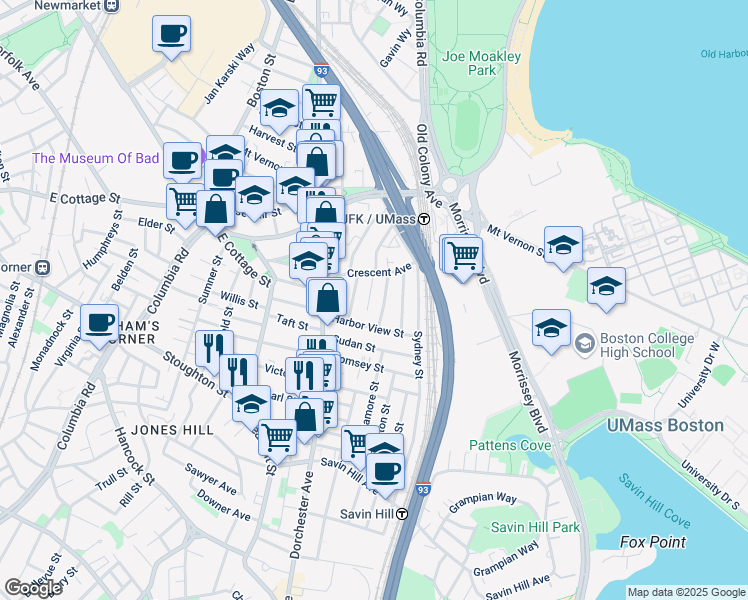 map of restaurants, bars, coffee shops, grocery stores, and more near 29 Raven Street in Boston