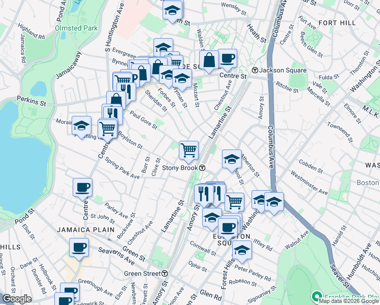 map of restaurants, bars, coffee shops, grocery stores, and more near 135 Paul Gore Street in Boston