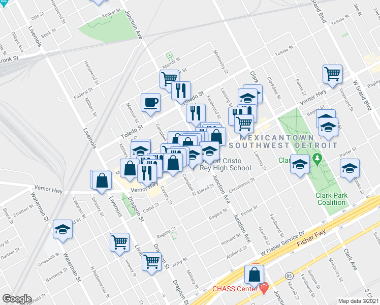 map of restaurants, bars, coffee shops, grocery stores, and more near 5643 Newberry Street in Detroit
