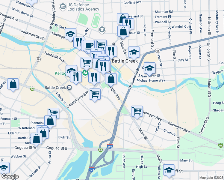map of restaurants, bars, coffee shops, grocery stores, and more near 28 West Michigan Avenue in Battle Creek