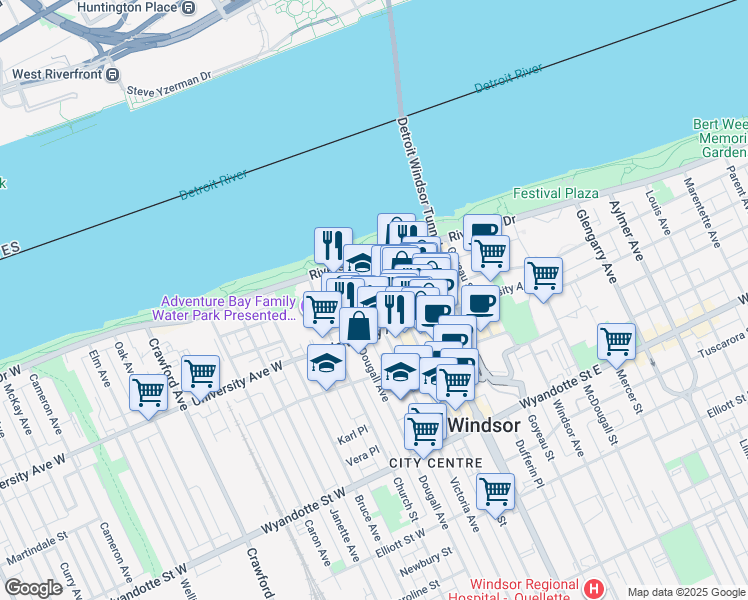 map of restaurants, bars, coffee shops, grocery stores, and more near 1959 Ferry Street in Windsor