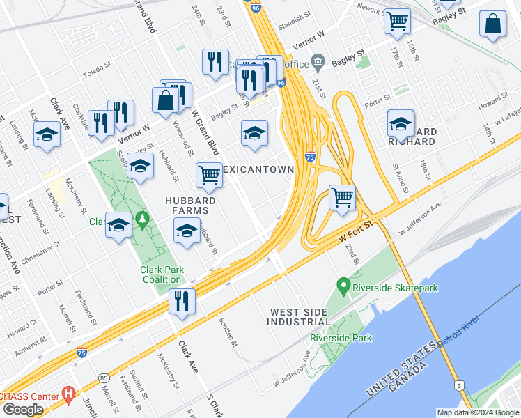 map of restaurants, bars, coffee shops, grocery stores, and more near 280 West Grand Boulevard in Detroit