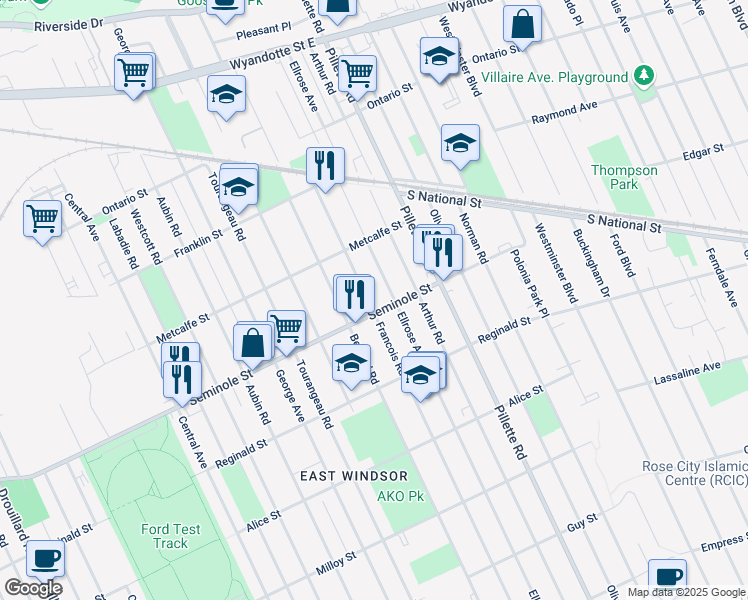 map of restaurants, bars, coffee shops, grocery stores, and more near in Windsor