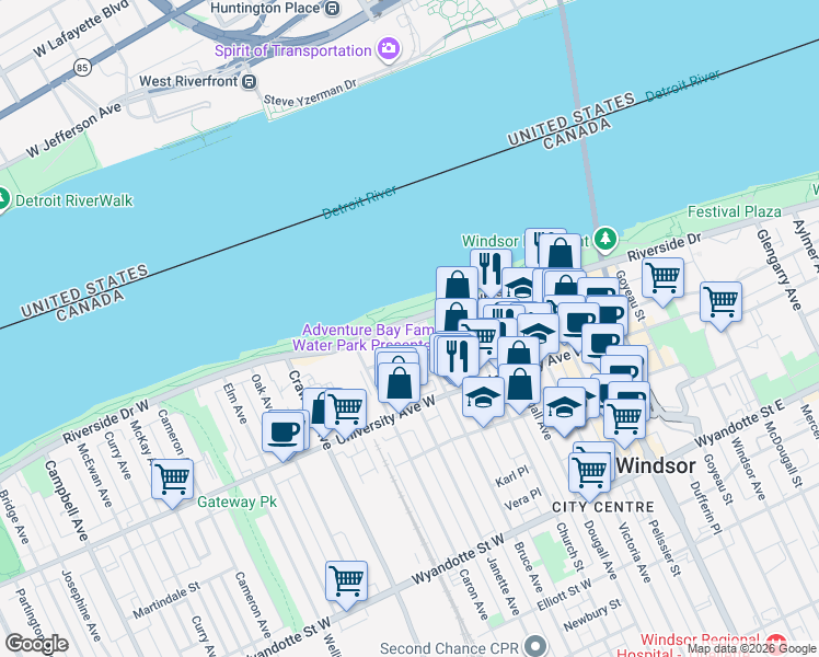 map of restaurants, bars, coffee shops, grocery stores, and more near 515 Riverside Drive West in Windsor