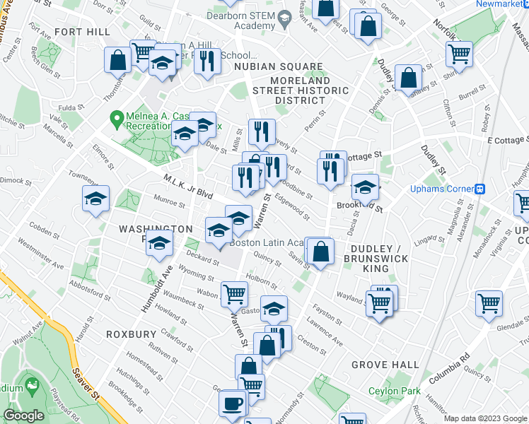 map of restaurants, bars, coffee shops, grocery stores, and more near 378 Warren Street in Boston