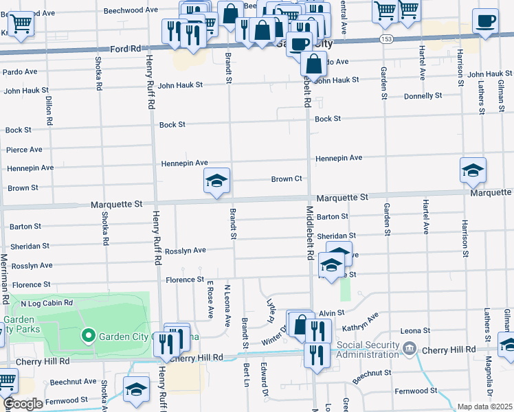 map of restaurants, bars, coffee shops, grocery stores, and more near 29669 Marquette Street in Garden City