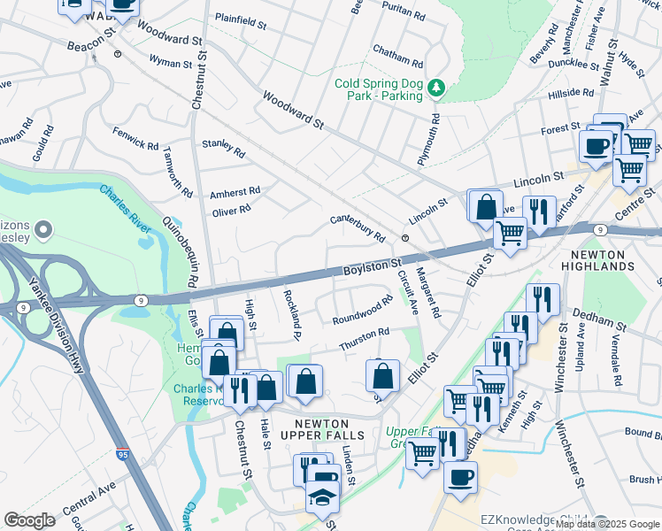 map of restaurants, bars, coffee shops, grocery stores, and more near 1181 Boylston Street in Newton