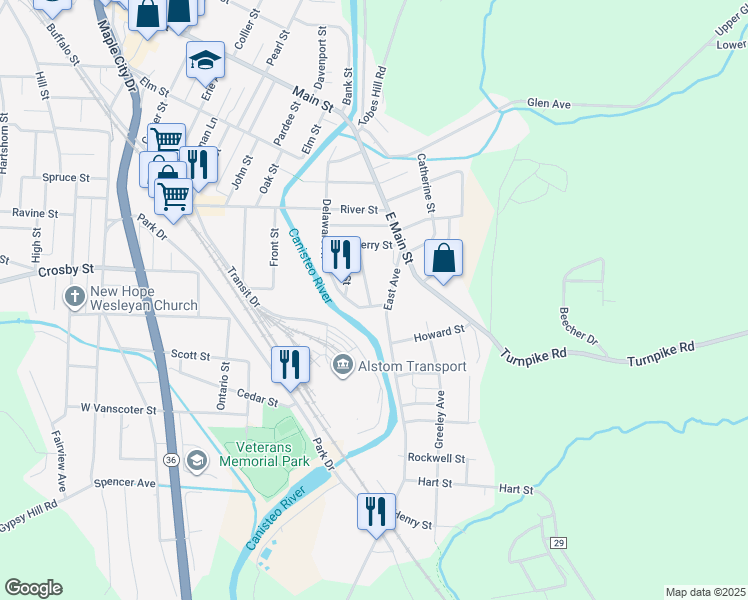 map of restaurants, bars, coffee shops, grocery stores, and more near 112 Myrtle Avenue in Hornell