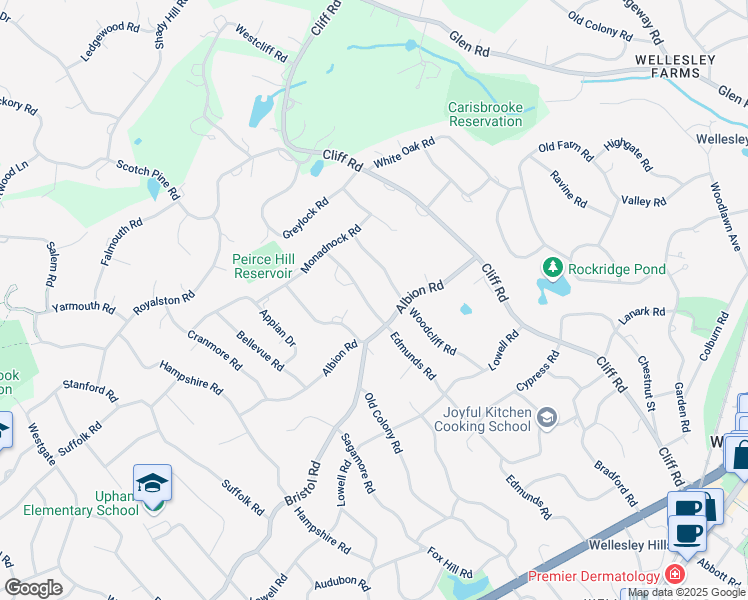 map of restaurants, bars, coffee shops, grocery stores, and more near 153 Edmunds Road in Wellesley