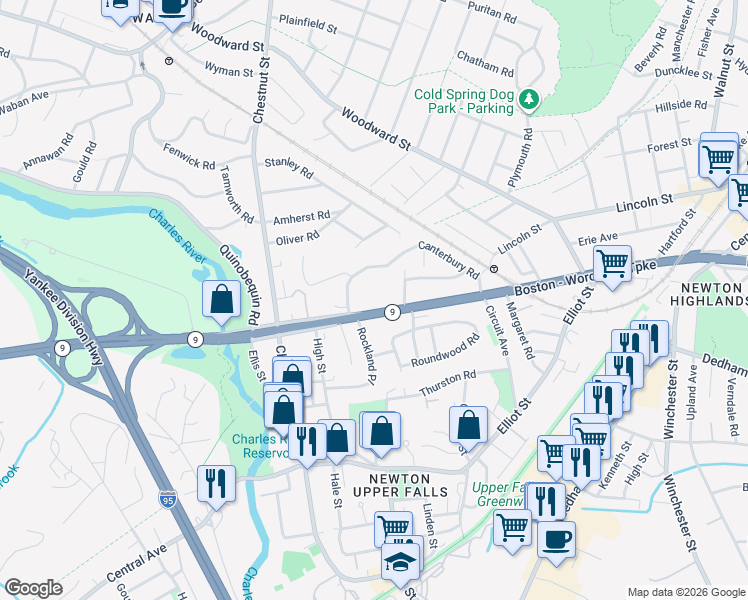 map of restaurants, bars, coffee shops, grocery stores, and more near 1195 Boylston Street in Newton