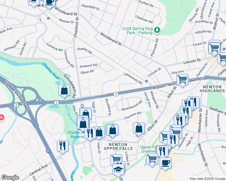 map of restaurants, bars, coffee shops, grocery stores, and more near 1187 Boylston Street in Newton