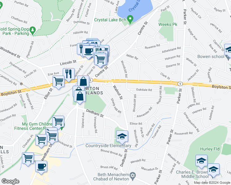 map of restaurants, bars, coffee shops, grocery stores, and more near 1289 Walnut Street in Newton