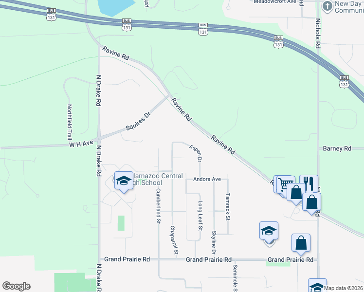 map of restaurants, bars, coffee shops, grocery stores, and more near 4121 Aspen Drive in Kalamazoo