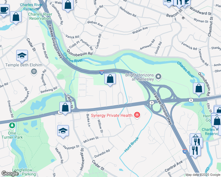 map of restaurants, bars, coffee shops, grocery stores, and more near 26 Harris Avenue in Wellesley