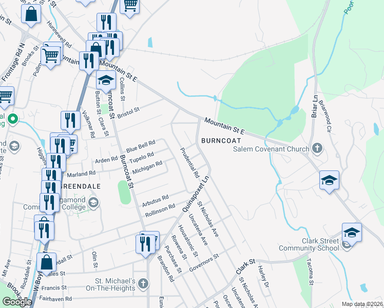 map of restaurants, bars, coffee shops, grocery stores, and more near 6 Saint Marks Road in Worcester
