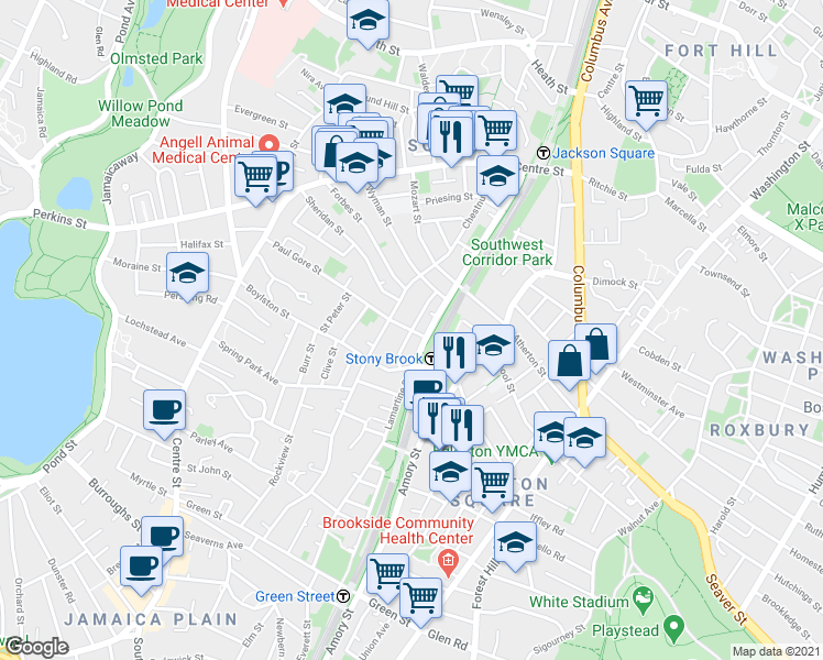 map of restaurants, bars, coffee shops, grocery stores, and more near Paul Gore St & Danforth St in Boston