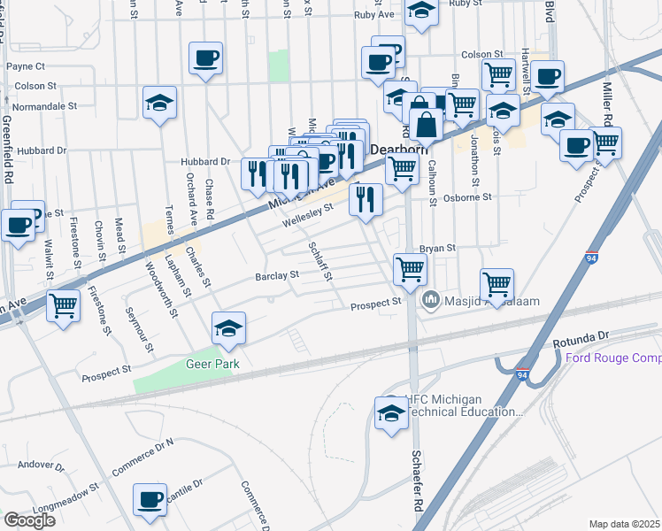 map of restaurants, bars, coffee shops, grocery stores, and more near 14266 Barclay Street in Dearborn