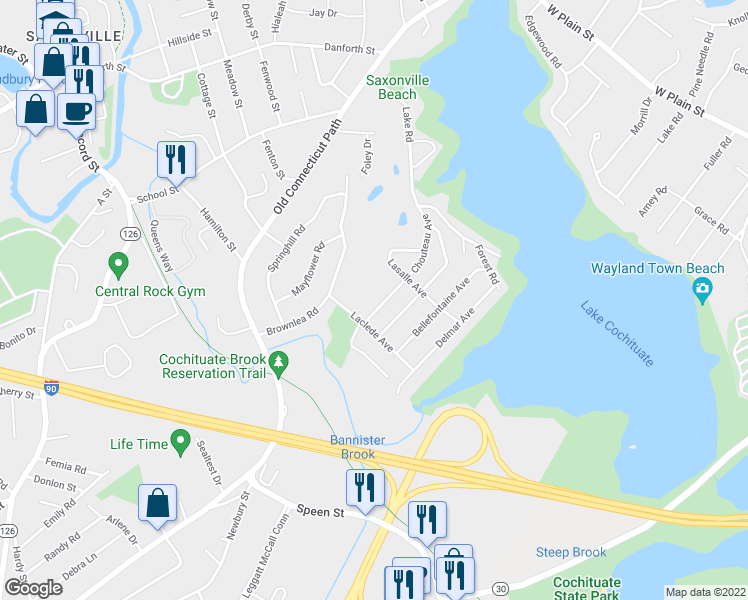 map of restaurants, bars, coffee shops, grocery stores, and more near 69 Chouteau Ave in Framingham