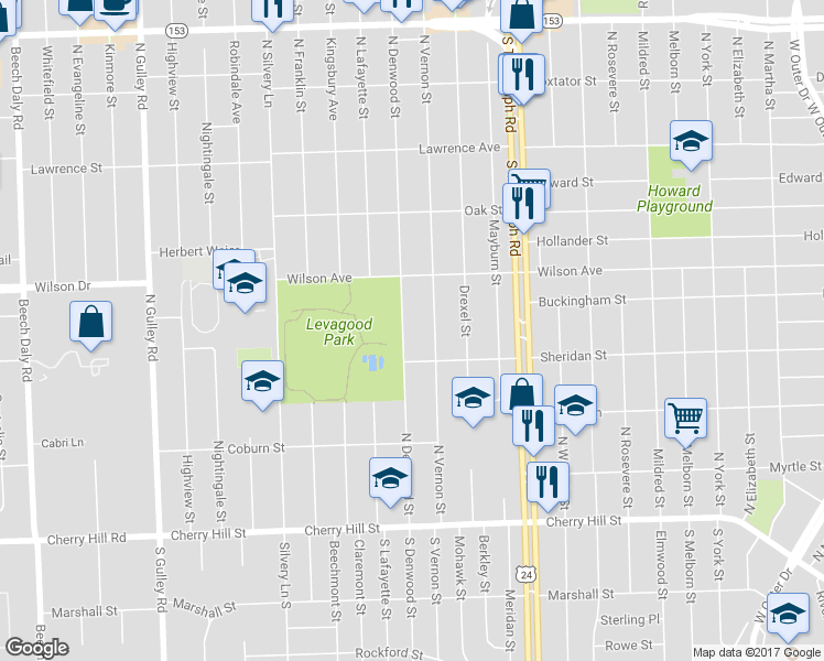map of restaurants, bars, coffee shops, grocery stores, and more near 904 North Denwood Street in Dearborn