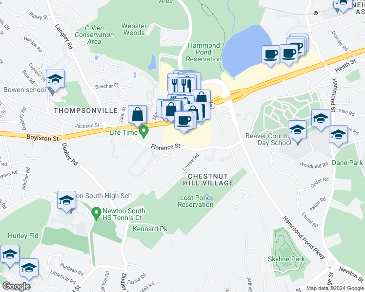 map of restaurants, bars, coffee shops, grocery stores, and more near 129 Florence Street in Newton