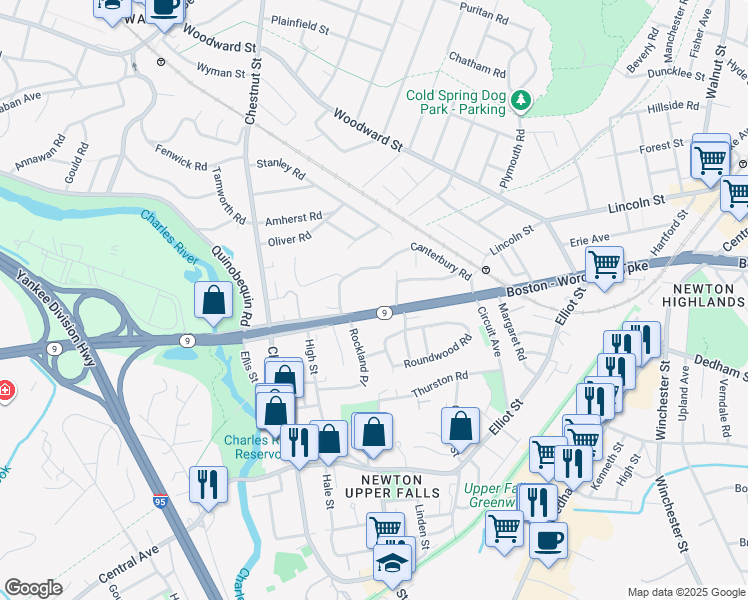 map of restaurants, bars, coffee shops, grocery stores, and more near 1189 Boylston Street in Newton