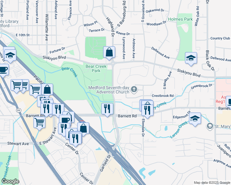map of restaurants, bars, coffee shops, grocery stores, and more near 700-786 Highland Drive in Medford