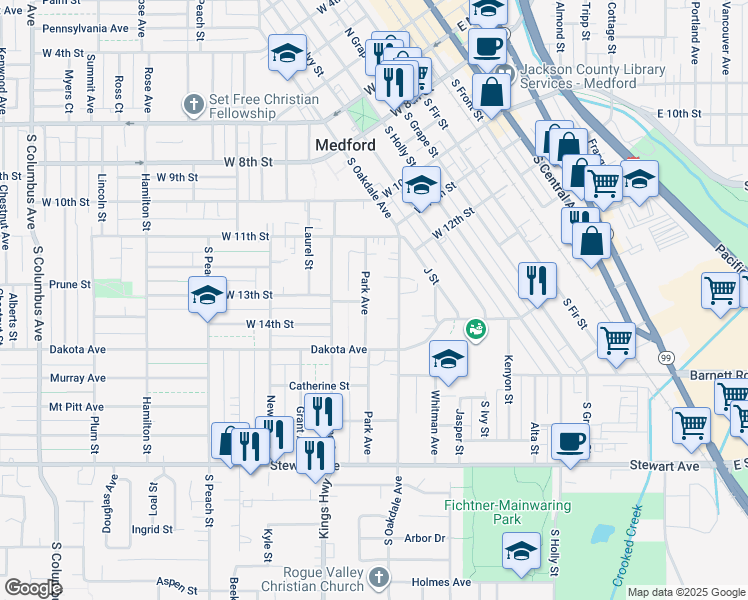 map of restaurants, bars, coffee shops, grocery stores, and more near 605 Park Avenue in Medford