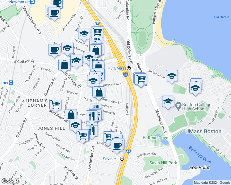 map of restaurants, bars, coffee shops, grocery stores, and more near 21 Spring Garden Street in Boston