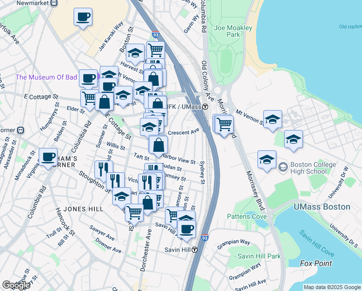 map of restaurants, bars, coffee shops, grocery stores, and more near 29 Raven Street in Boston
