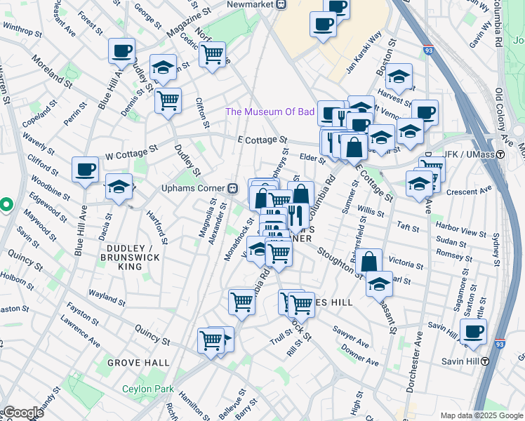 map of restaurants, bars, coffee shops, grocery stores, and more near 736 Dudley Street in Boston