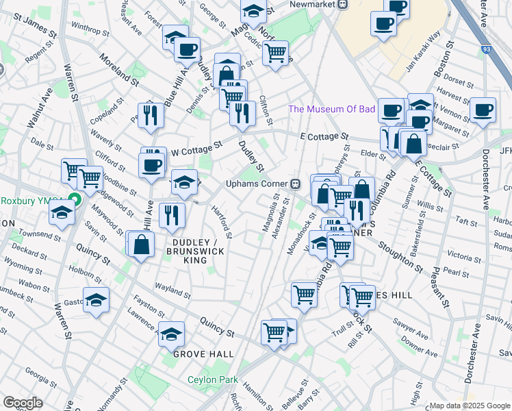 map of restaurants, bars, coffee shops, grocery stores, and more near 13 Robin Hood Street in Boston