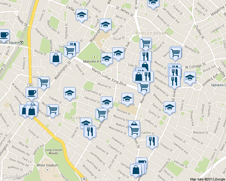 map of restaurants, bars, coffee shops, grocery stores, and more near 71 Humboldt Avenue in Boston