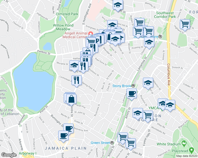 map of restaurants, bars, coffee shops, grocery stores, and more near 35 Boylston Street in Boston