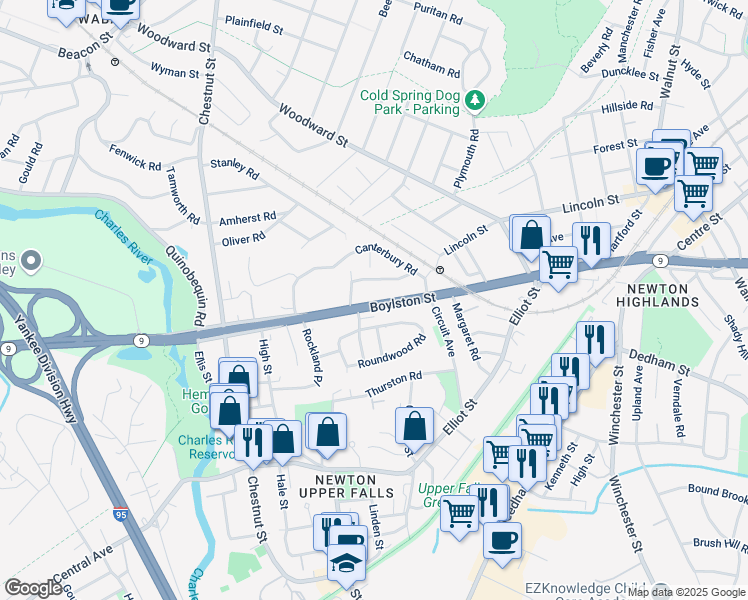 map of restaurants, bars, coffee shops, grocery stores, and more near 1181 Boylston Street in Newton