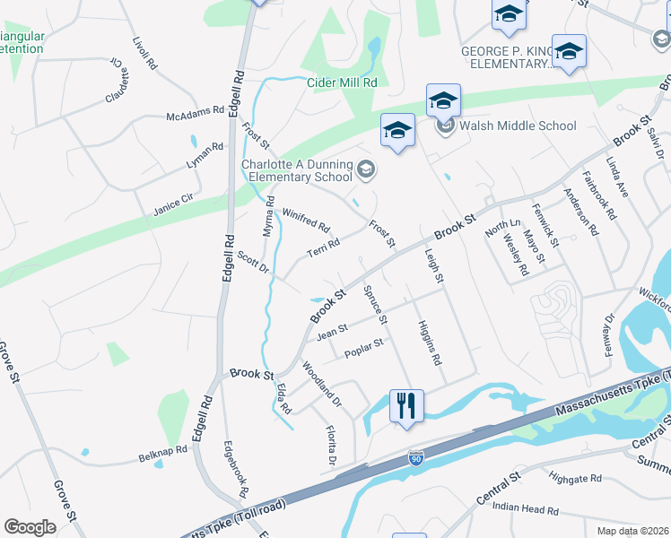 map of restaurants, bars, coffee shops, grocery stores, and more near 445 Brook Street in Framingham